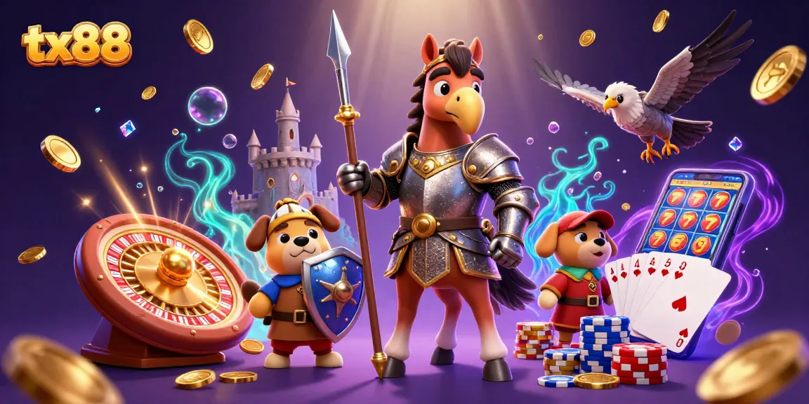 Experience thrilling action at tx88 with energetic characters amidst cascading coins and vibrant casino elements.