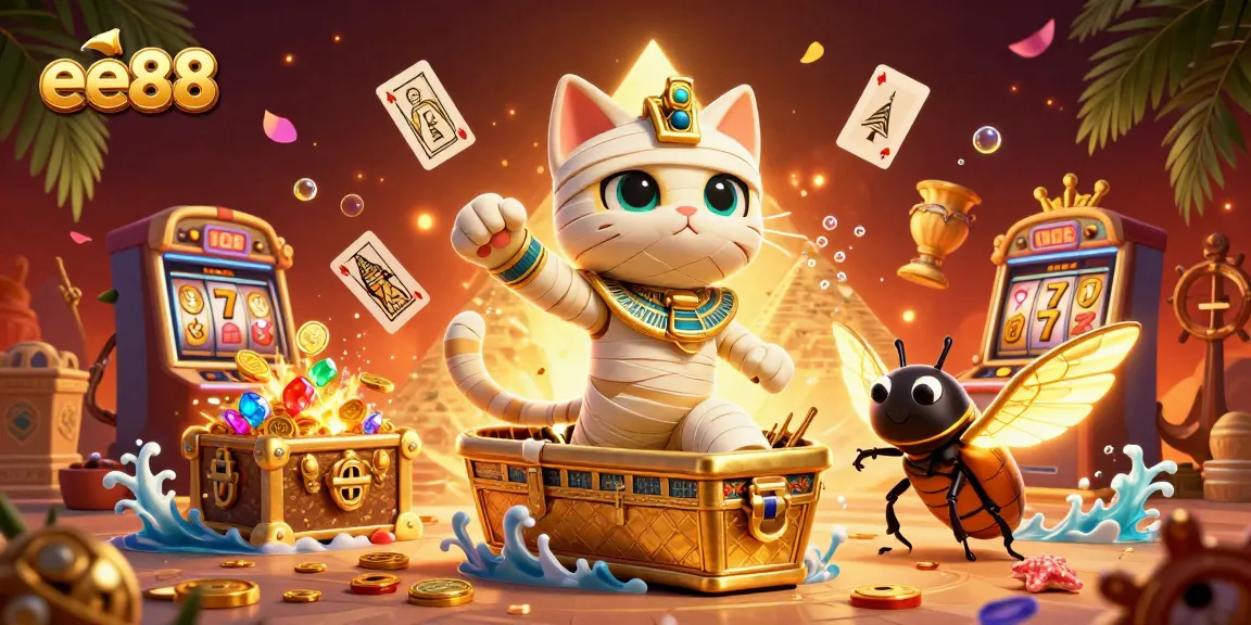 Unleash excitement at ee88 with a cartoon mummy cat and golden treasures in a vibrant casino scene.