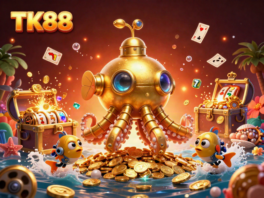 TK88 showcases vibrant casino adventures with a golden kraken and slot elements, capturing the gambling spirit.