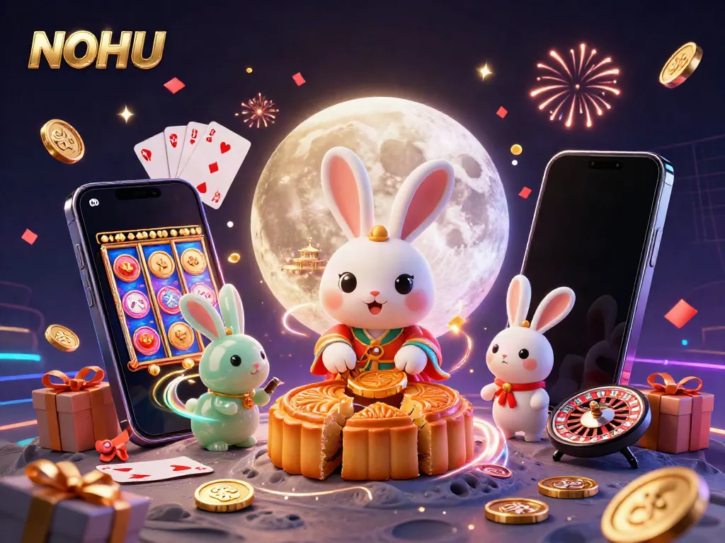 Experience the festive NOHU gaming adventure with moon rabbits and vibrant casino elements.