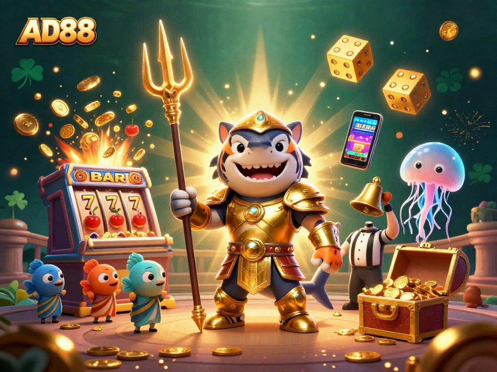 Experience thrilling wins with AD88's underwater casino scene featuring a tiger shark and vibrant game elements.