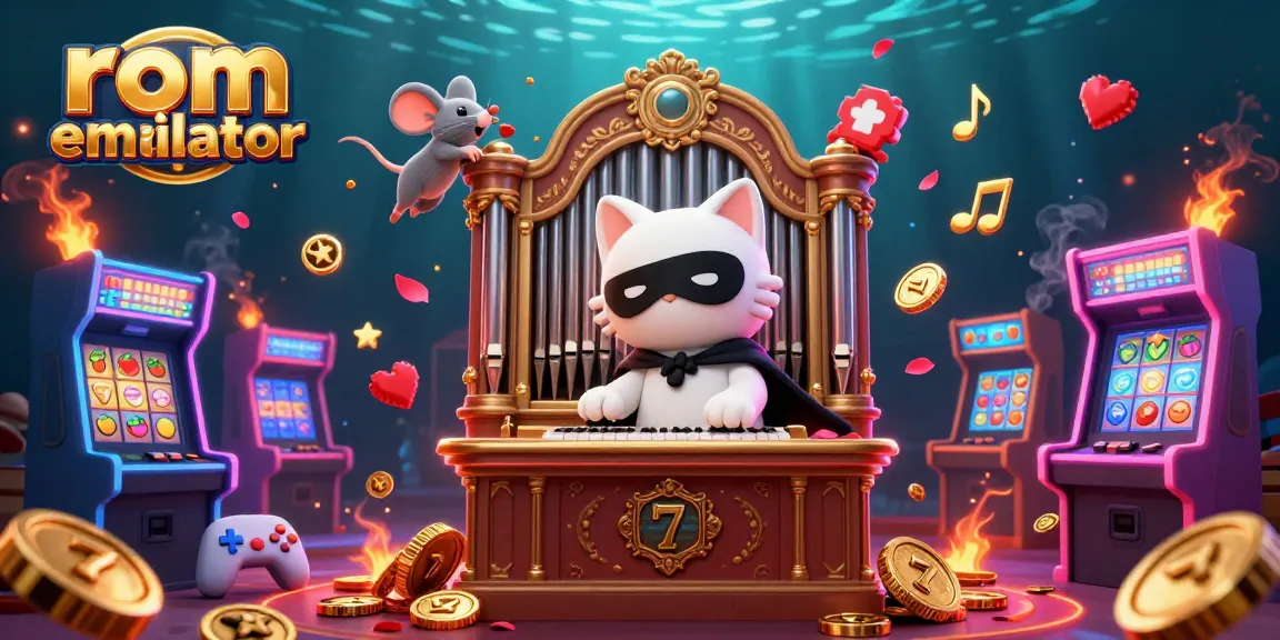 Experience thrilling gameplay with rom emulator showcasing casino symbols and dynamic game elements in a vibrant scene.