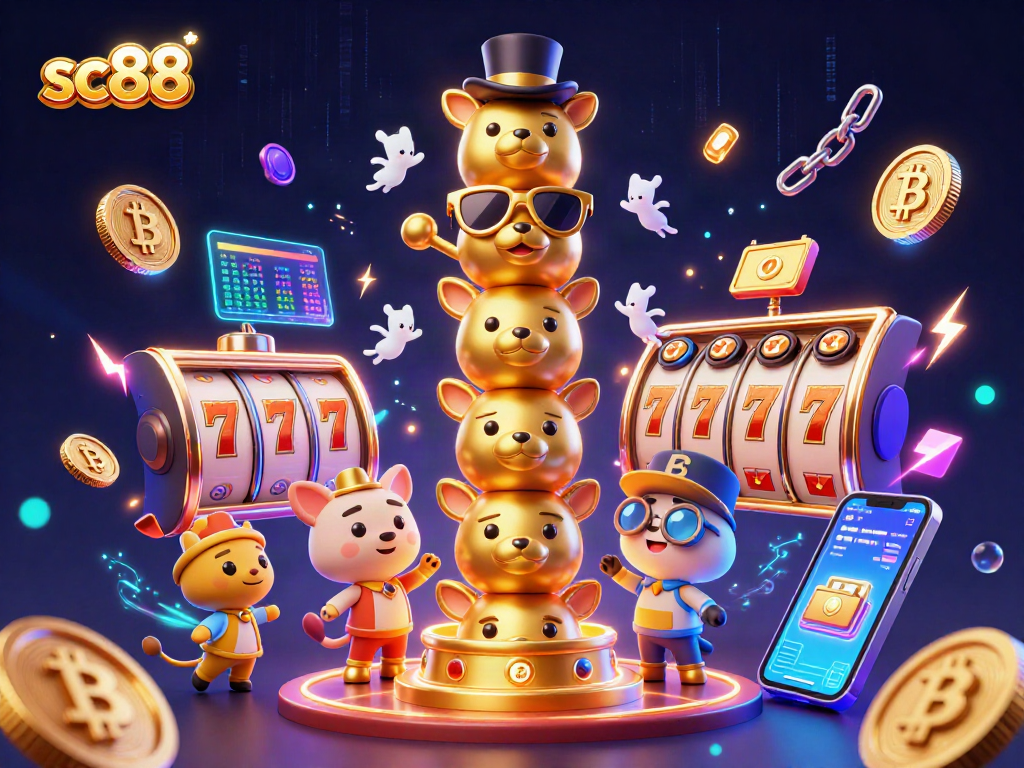 Spin the reels with sc88 as vibrant cartoon totem poles and cryptocurrency elements create an exhilarating casino scene.