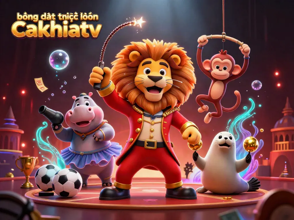 Bóng đá trực tuyến cakhiatv showcases a lively circus scene rich with sports elements, dynamic characters, and bright visuals.