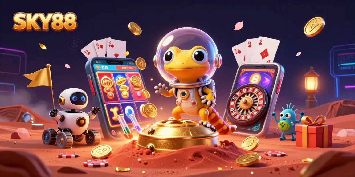 Experience the thrill of SKY88 with a Martian gecko discovering a golden casino in this vibrant 3D illustration.
