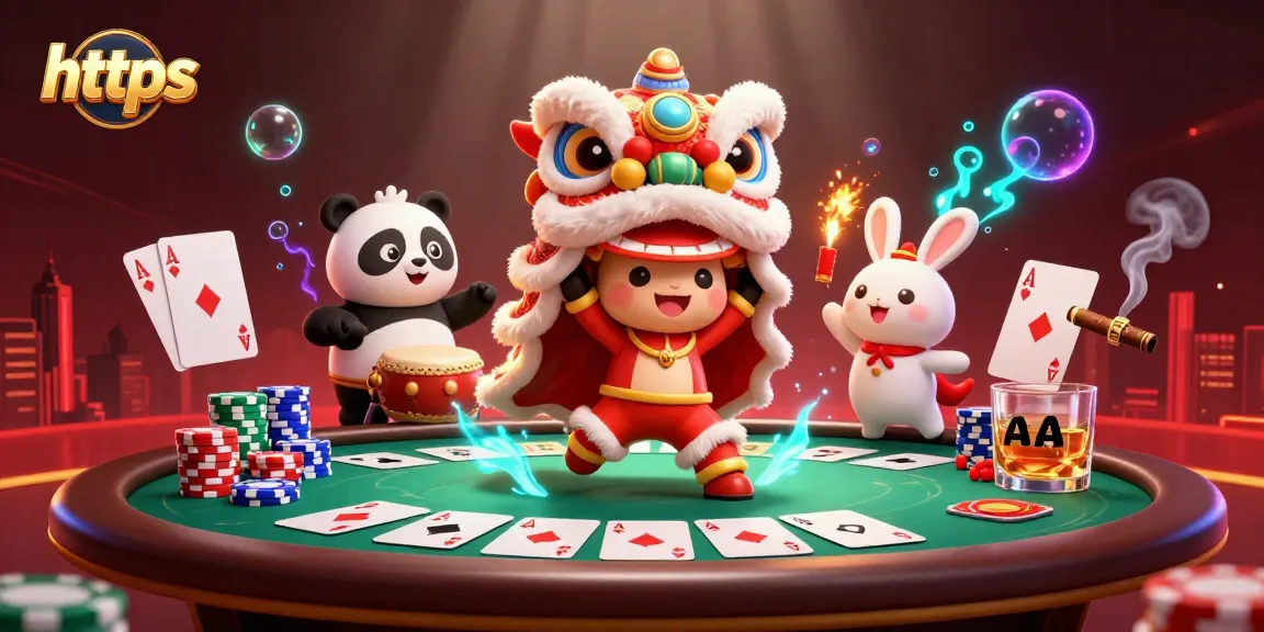 Engage with thrilling online gaming at https, witnessing a spectacular lion dance amidst poker elements.