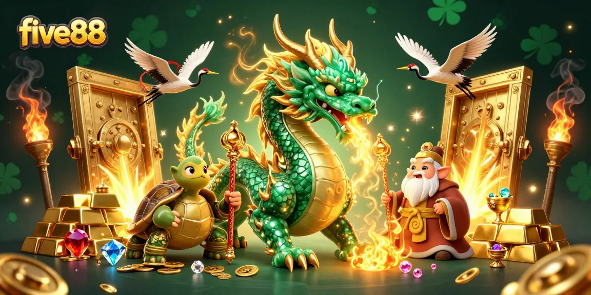 Experience the thrill of five88 with a 3D illustration featuring a majestic dragon and treasures!