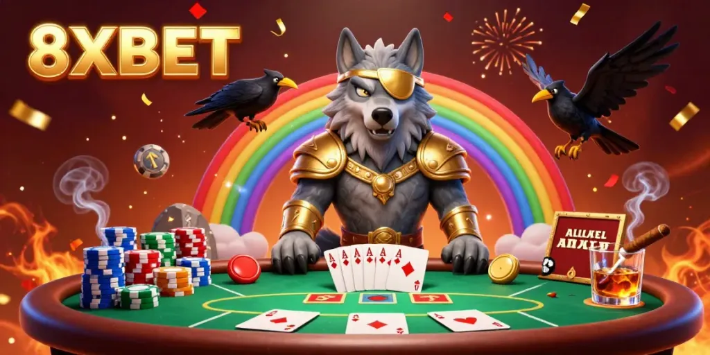 Odin wolf and ravens embodying 8XBET's casino experience on a colorful casino chips bridge.