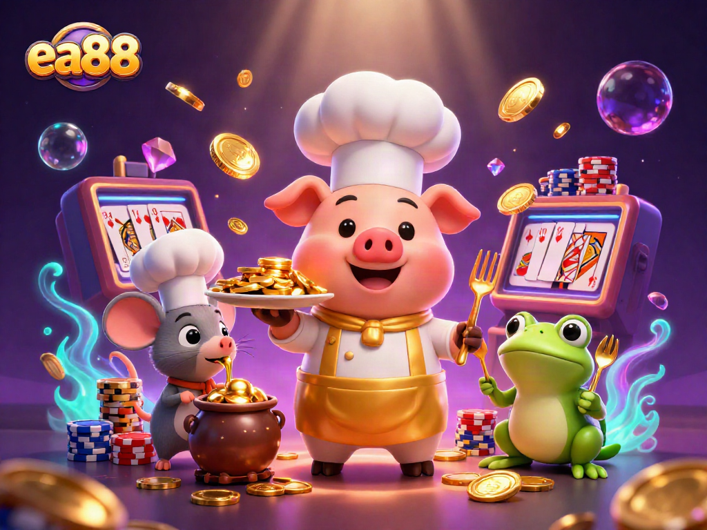 ea88 offers vibrant casino visuals with a chef pig serving gold coins amid dynamic gaming elements.