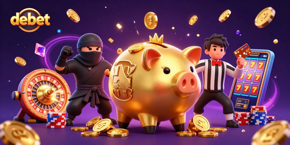 Engage in thrilling gameplay with debet featuring a vibrant 3D piggy bank sumo wrestler and a dynamic casino scene.