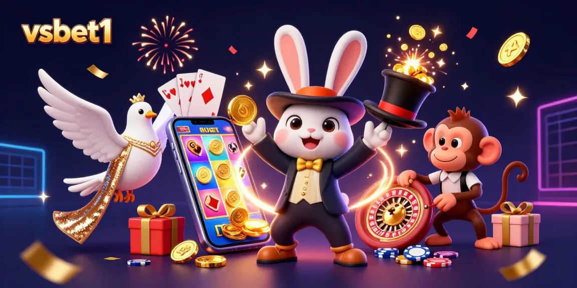 Engage with vsbet1 in a vibrant online casino scene featuring a magician rabbit, glamorous dove, and monkey amidst falling coins.