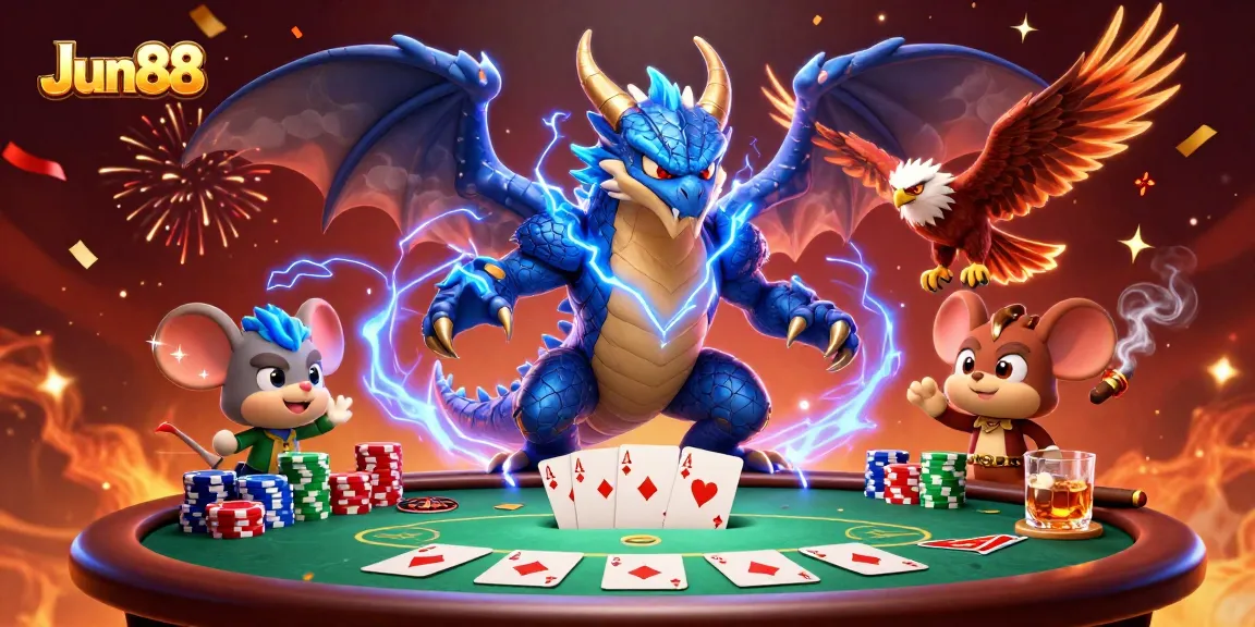 Engage with Jun88's vibrant 3D casino scene featuring poker action, chips, and dynamic characters.