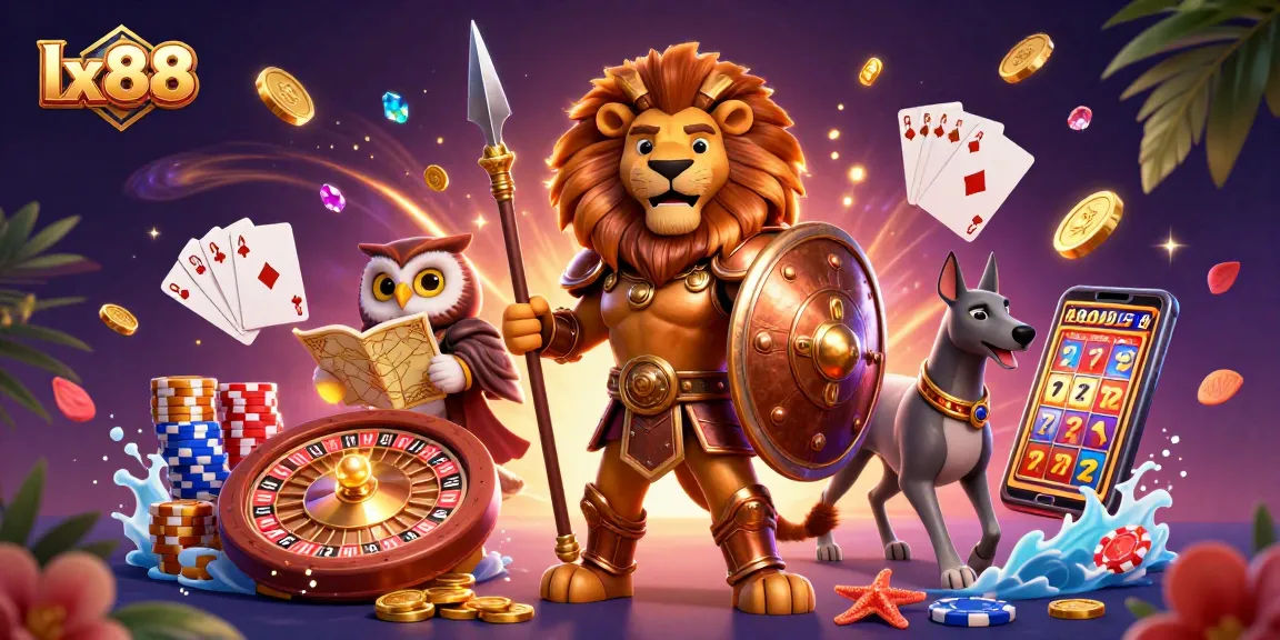 lx88 featuring an epic Spartan lion and owl strategist amidst dazzling casino games and golden coins.