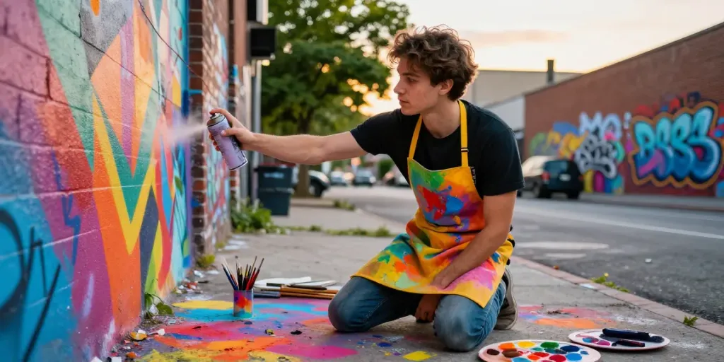 Youthful artist creating vibrant street art mural representing rokok88 culture, surrounded by colorful paint and urban backdrop.