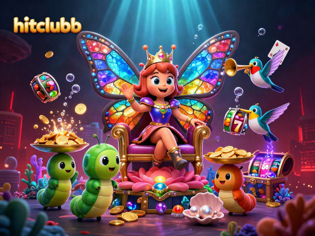 Engage in thrilling slots with hitclubb's vibrant 3D casino illustration featuring a butterfly queen.