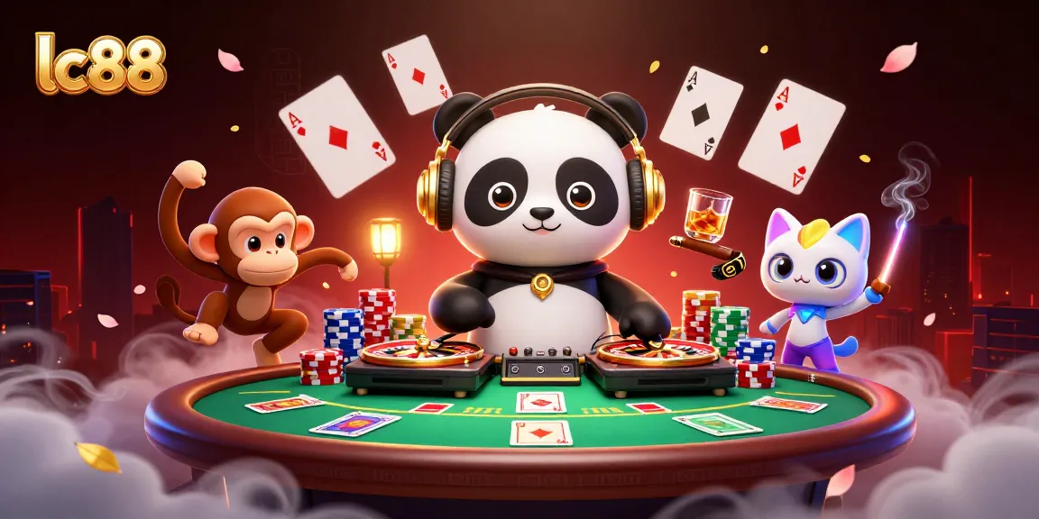 Engage with the thrill of lc88's casino scene featuring a DJ panda, a dancing monkey, and a rave kitten.