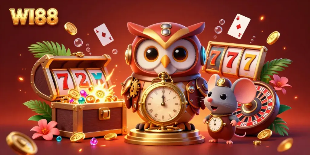 Experience the thrilling essence of WI88 with steampunk characters in a vibrant casino scene featuring slot reels and gold treasures.