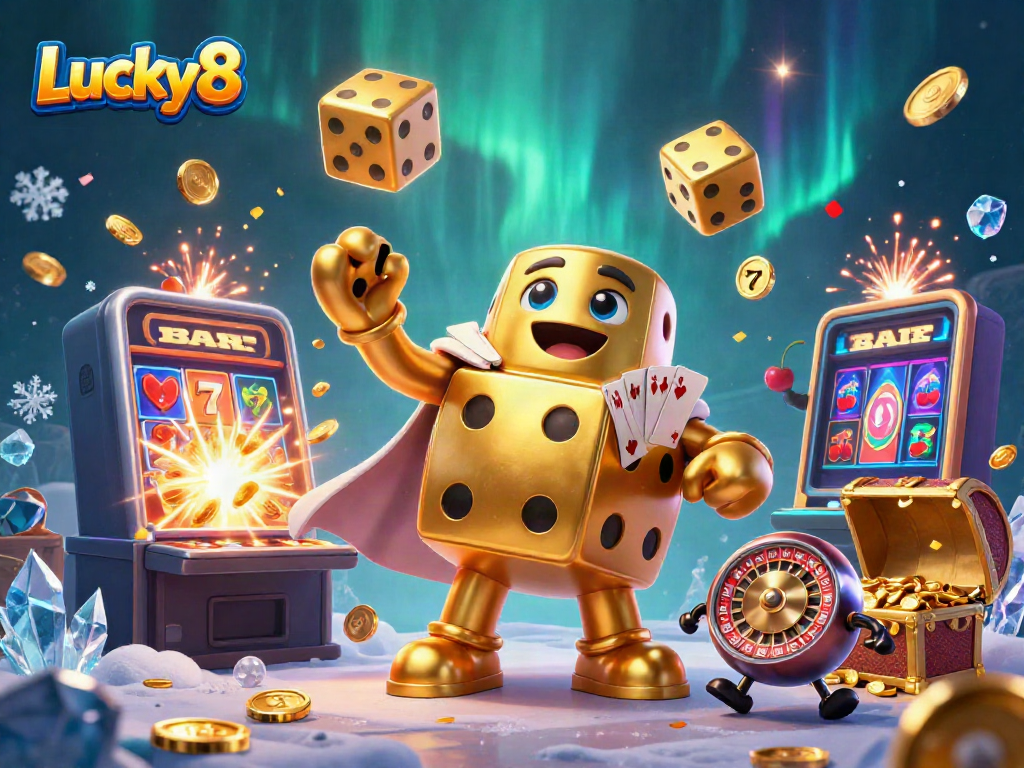 Experience the excitement of Lucky8 with golden dice and a dynamic casino scene.