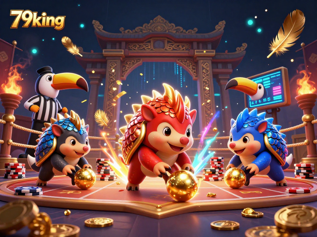 Engage with 79king's dynamic 3D illustration featuring pangolins competing in a lively casino setting.