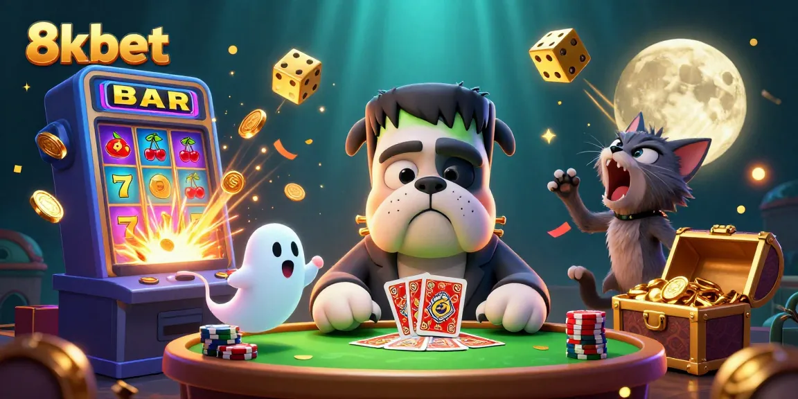 Engage with 8kbet's thrilling casino scene showcasing a Frankenstein bulldog dealer amidst vibrant gaming elements.