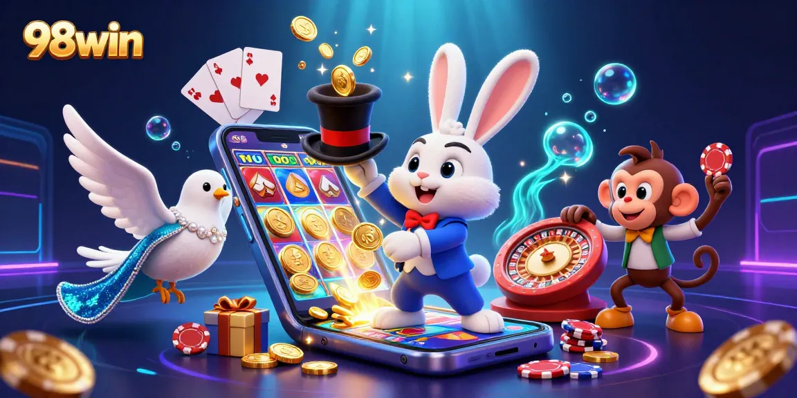 Experience the excitement of 98win with a magical scene featuring a rabbit, dove, and monkey amidst captivating casino elements.
