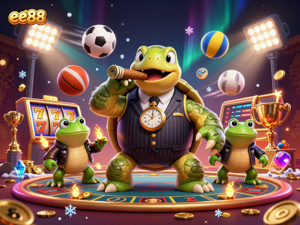 Experience the excitement of ee88 with animated cartoon figures, dynamic game elements, and vibrant casino atmosphere.