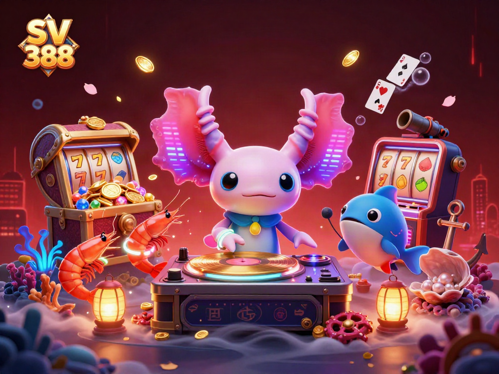 Engage in thrilling gaming action with SV 388, featuring a vibrant DJ axolotl, slot machines, and glowing underwater wonders.