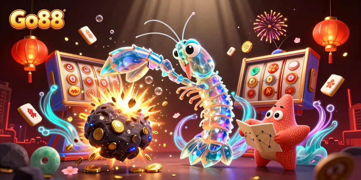Go88's dynamic gaming scene showcases winning slots, vibrant lights, and energetic characters.