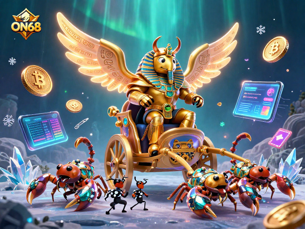 Experience ON68's vibrant casino world with a dazzling 3D golden scarab pulling scorpions and neon coins.