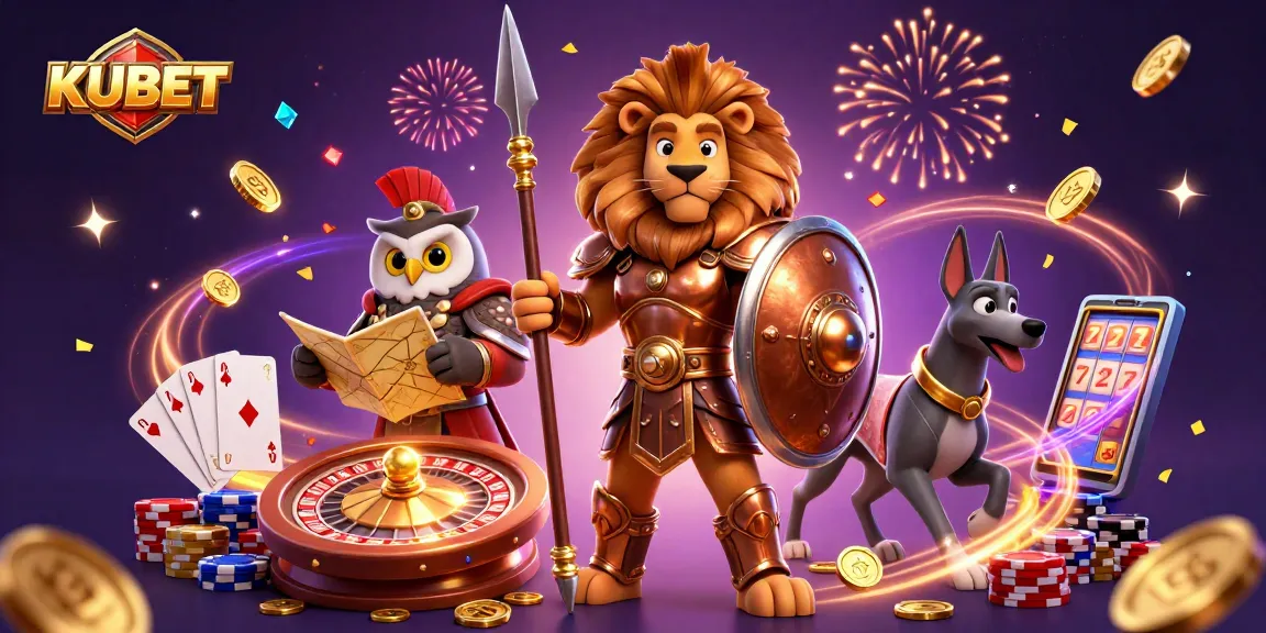 KUBET delivers a thrilling gaming experience with a vibrant illustration of a Spartan lion, strategist owl, and swift greyhound amidst dynamic casino elements.
