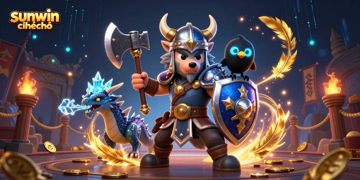 Engage with sunwin chính chủ in an exciting casino adventure featuring a Viking warrior, dragon, and vibrant slot elements.