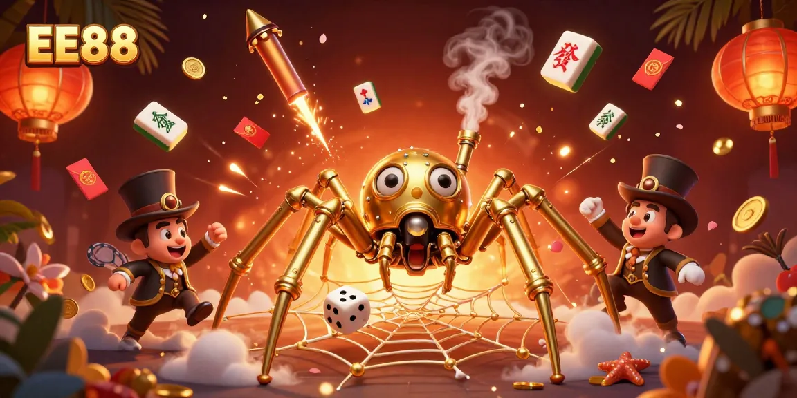 Engage with EE88's thrilling games featuring a steampunk spider and vibrant casino elements.