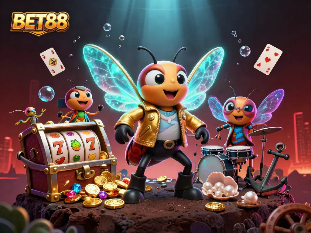 Chơi BET88 với những vòng quay slot đầy màu sắc và nhân vật âm nhạc ấn tượng.