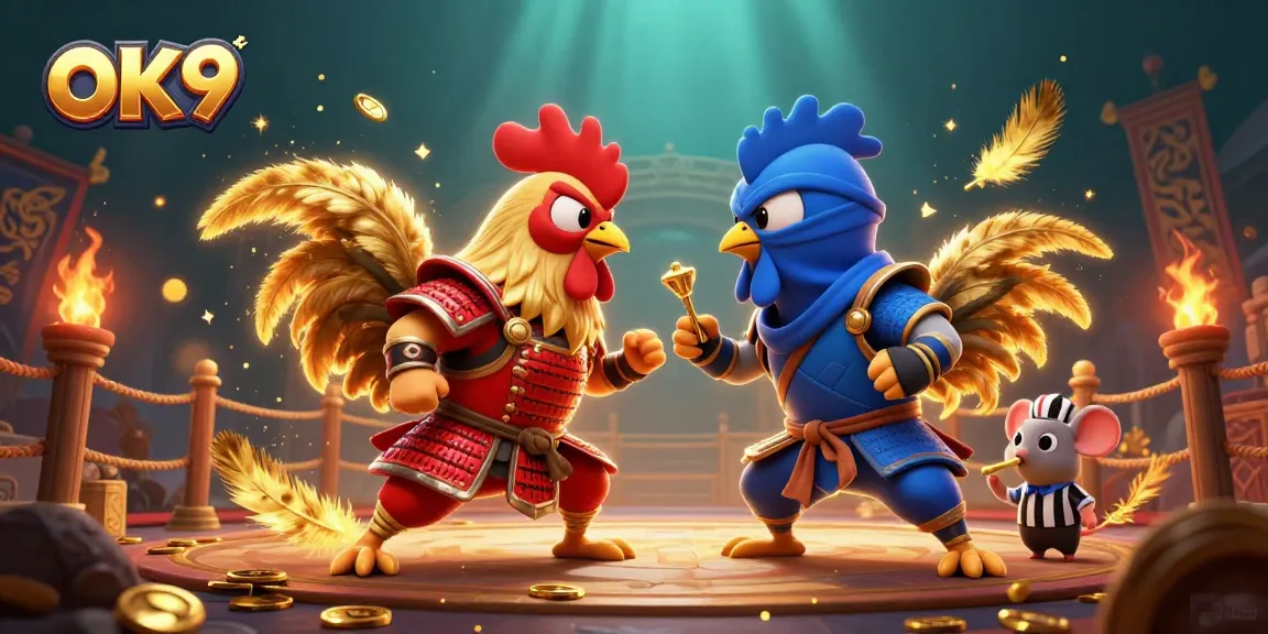 Experience thrilling action in the OK9 casino world with vibrant fighting roosters and dynamic game elements.