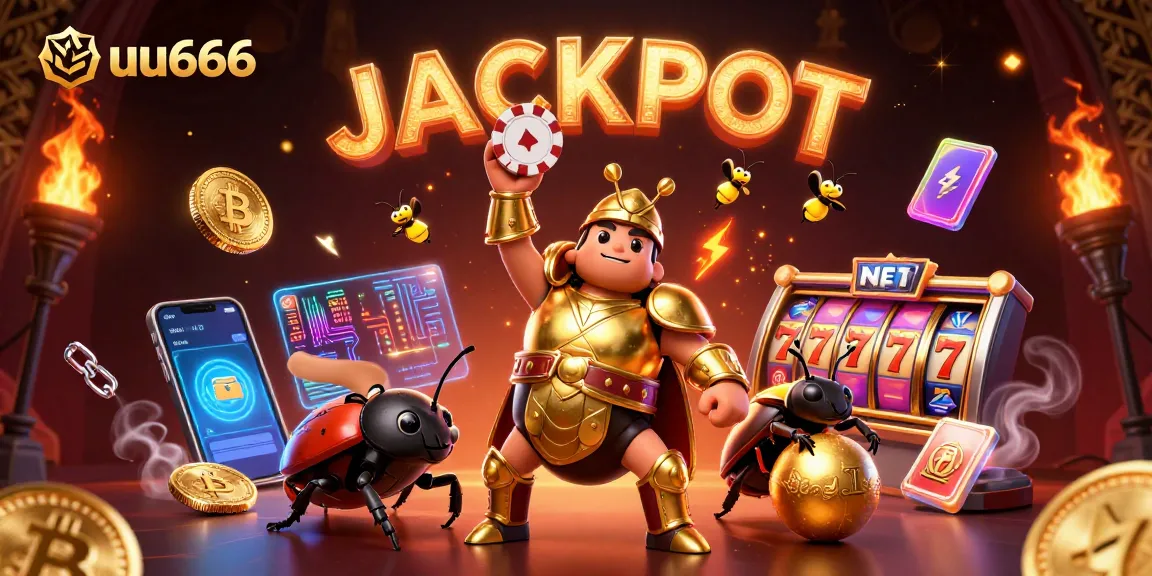 uu666 celebrates a jackpot victory, showcasing vibrant casino elements and characters in a dynamic scene.