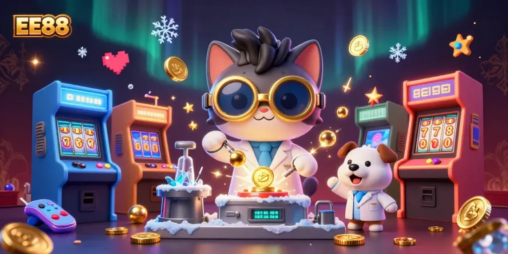 EE88 captures thrilling casino excitement with a mad scientist cat and energetic dog creating gold coins.