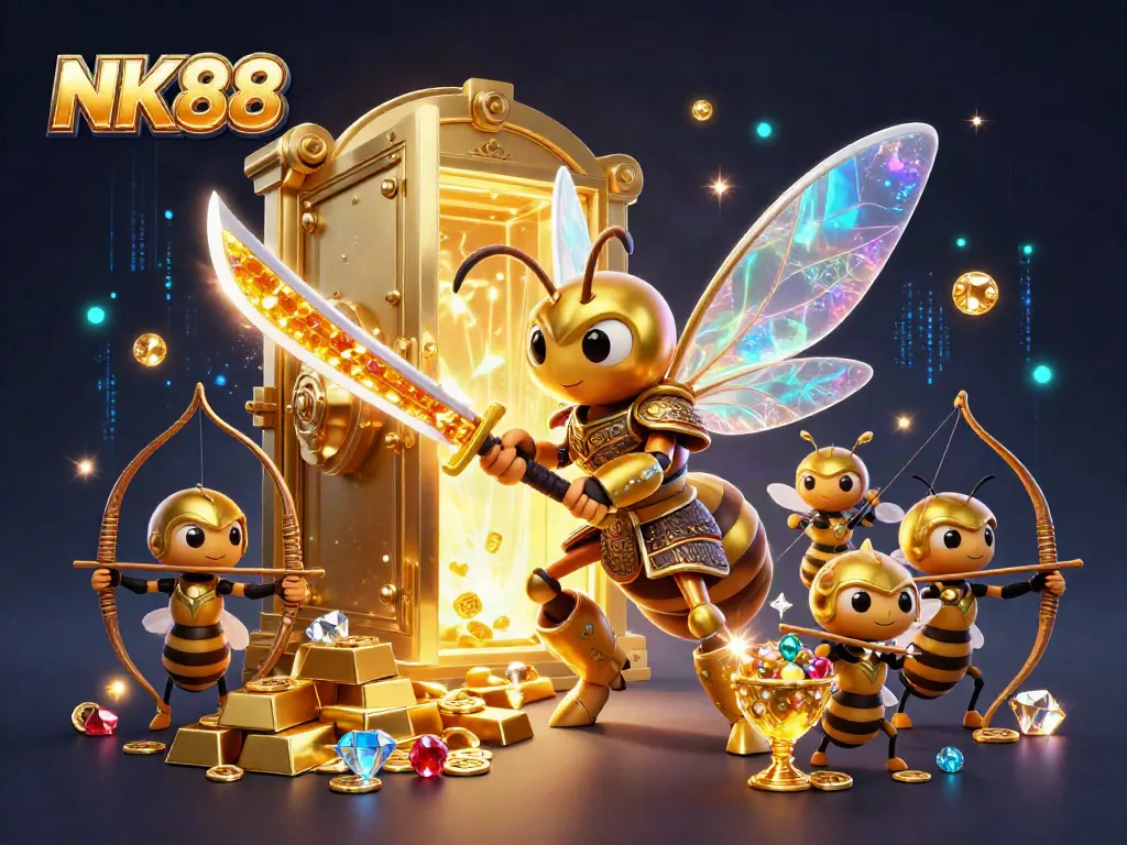 Experience the vibrant action of NK88 casino with a dynamic scene of legendary characters and treasures.