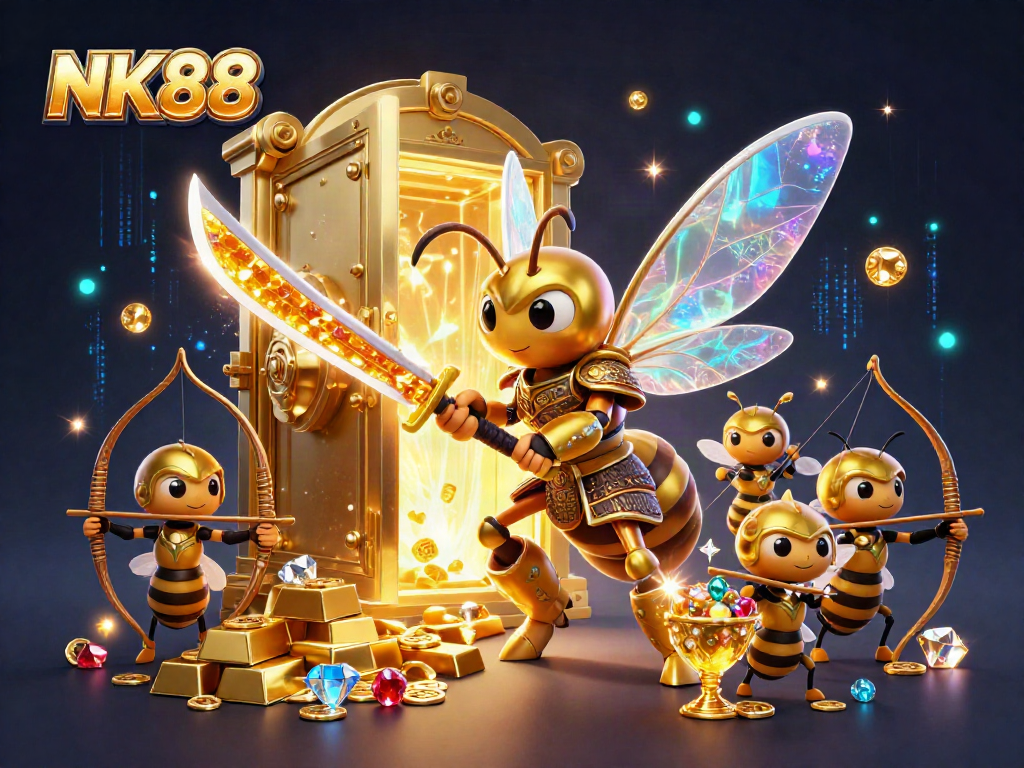 Experience the vibrant action of NK88 casino with a dynamic scene of legendary characters and treasures.
