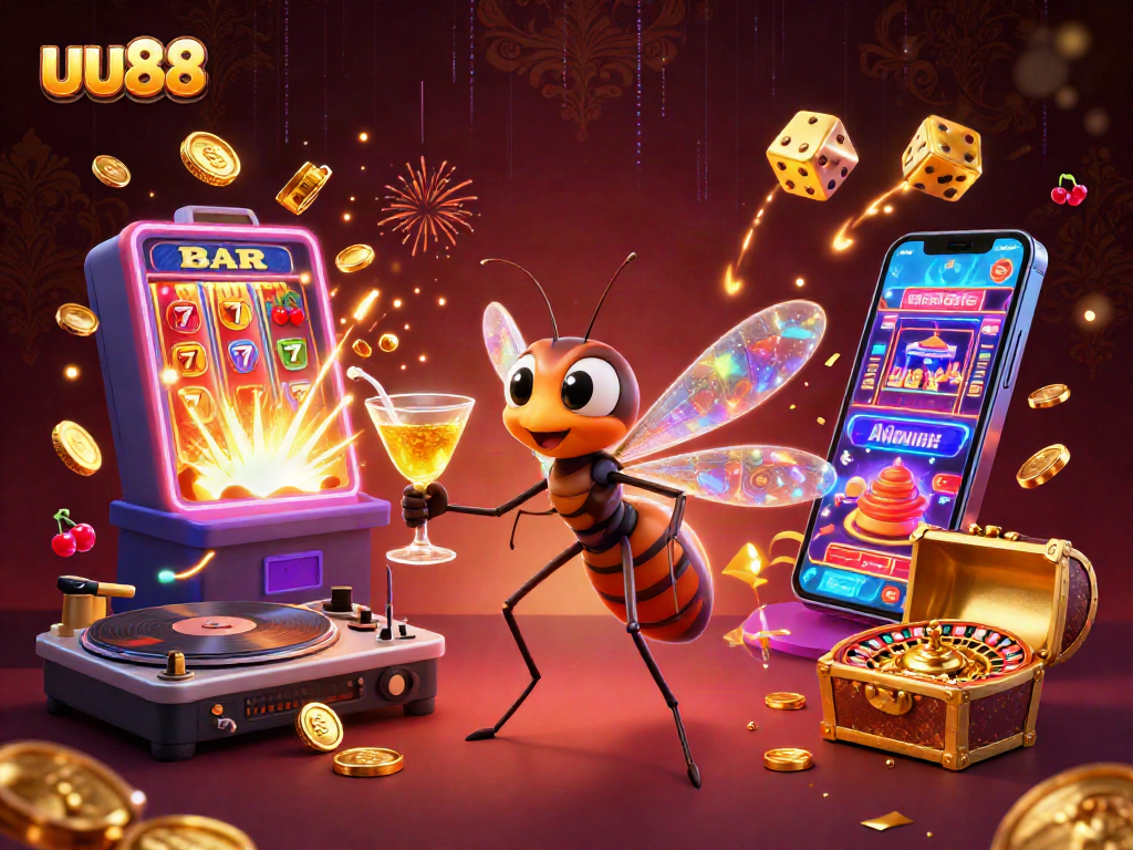 uu88 showcases vibrant casino elements with a frozen-in-amber mosquito mascot amidst a jackpot explosion.