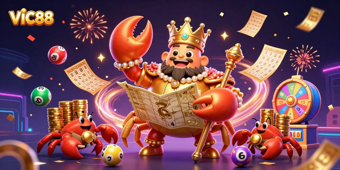 Engage in thrilling VIC88 gaming moments with bright lottery balls and a golden crab emperor.