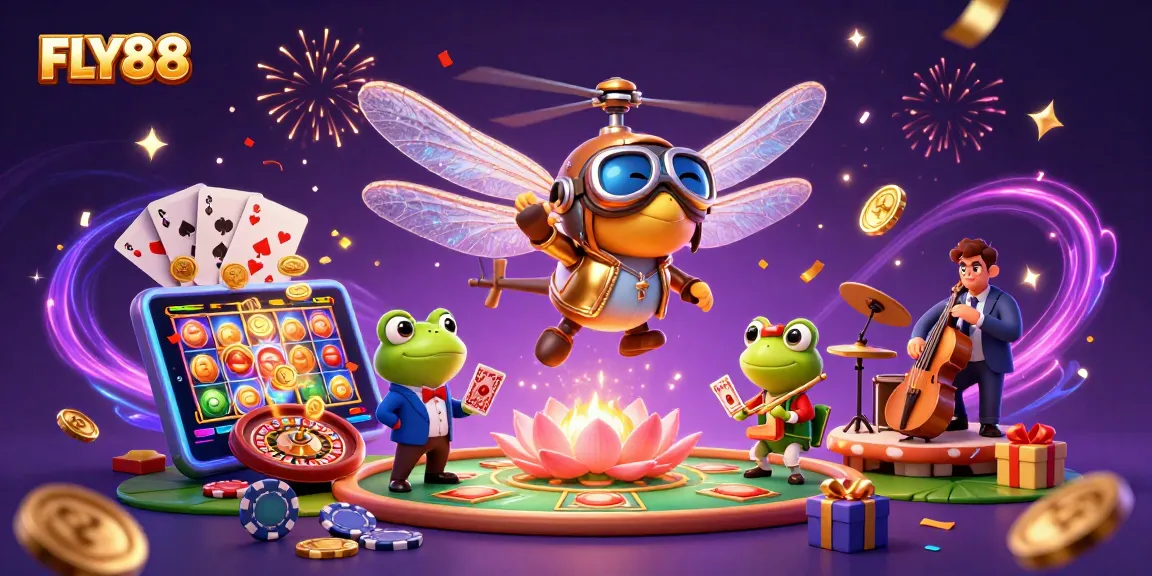 Experience FLY88 as the dragonfly pilot soars over a lively casino with card games and jazz.