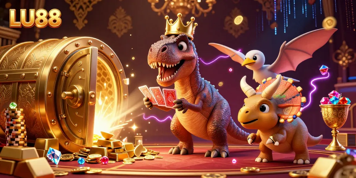 LU88 T-Rex shuffles cards in a vibrant casino scene filled with gold and jewels.