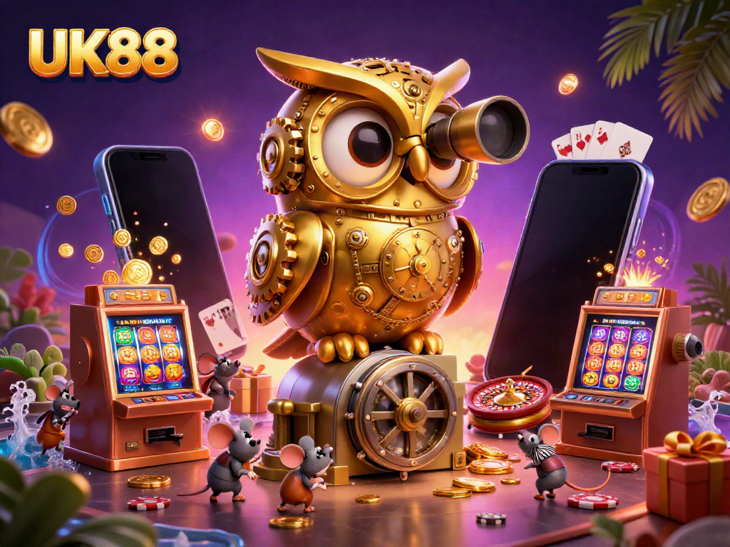Experience the thrill of UK88 casino with a clockwork owl scanning colorful slot machines and vibrant gaming elements.