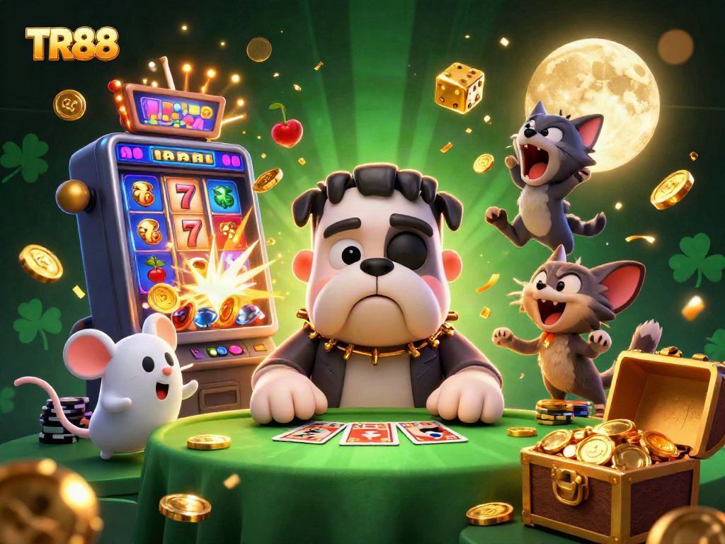 Engage in the TR88 casino experience with animated characters and vibrant gambling elements.