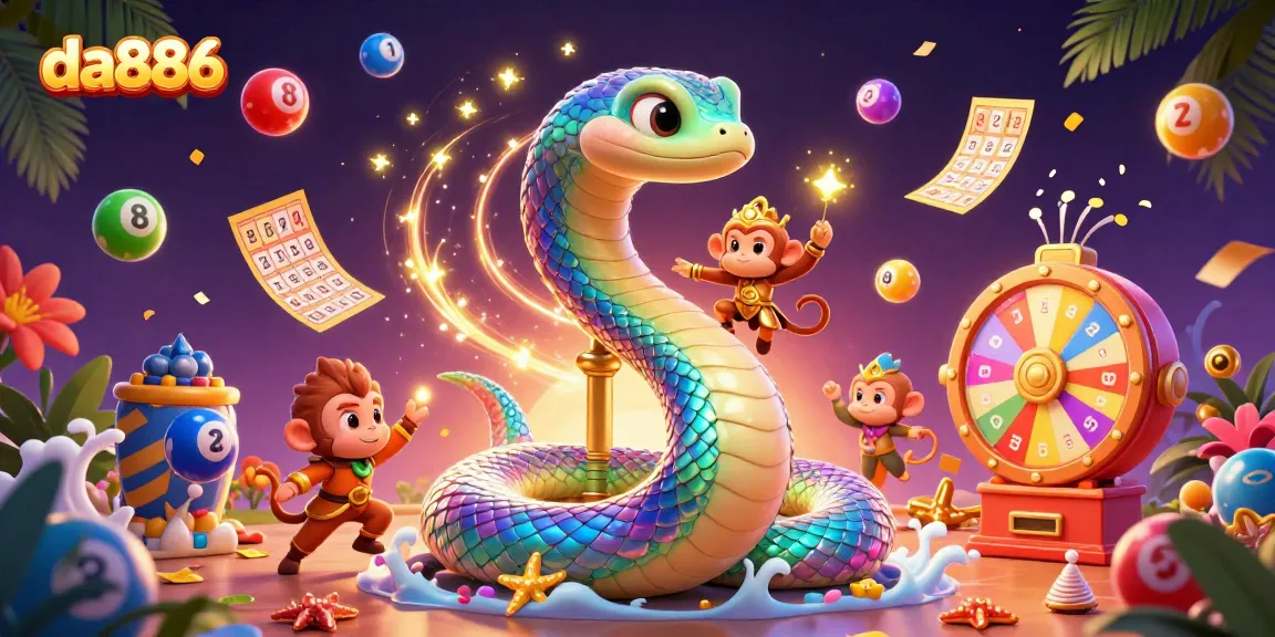 Engage with da886's vibrant lottery experience featuring colorful elements and a dynamic serpent.