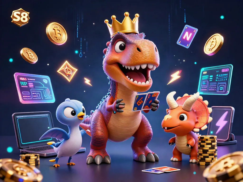 Experience the excitement of S8 with playful dinosaurs shuffling cards and stacking chips in a vibrant 3D casino.