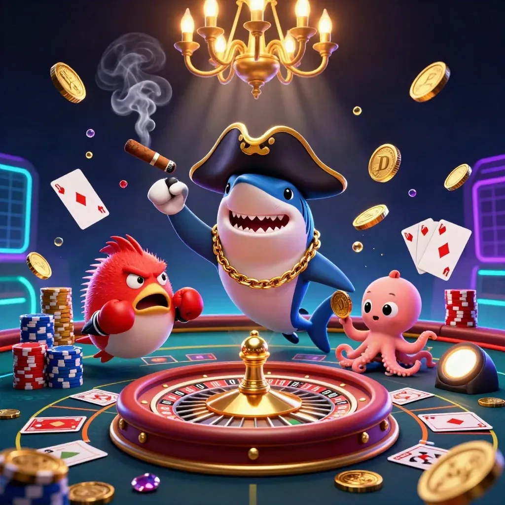 Shark pirate, boxing pufferfish, and coin-juggling octopus in a neon casino-undersea blast.