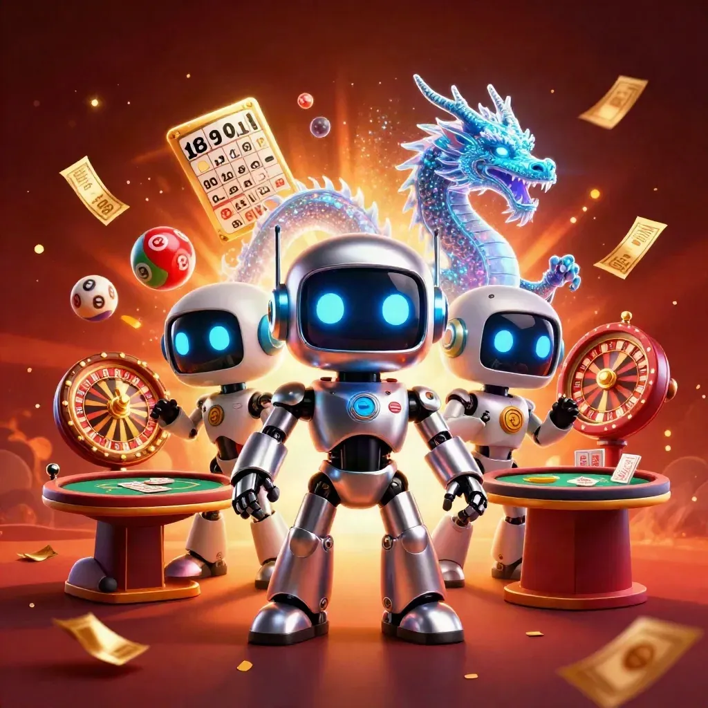 Cyberpunk robot, holographic dragon and drone amid casino game props in a fiery luxe scene.