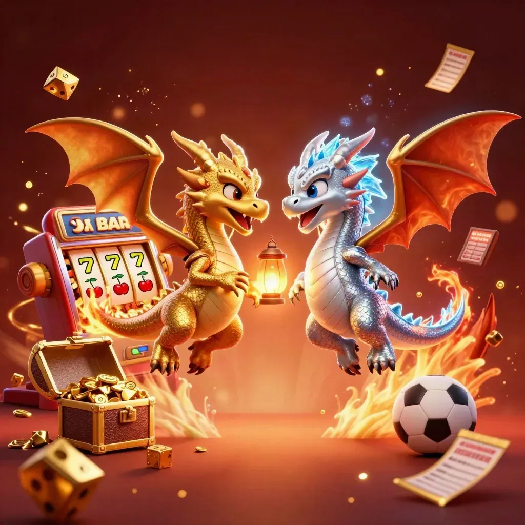 Gold and silver dragons swirl around casino symbols, coins, and sports props in a fiery glow.
