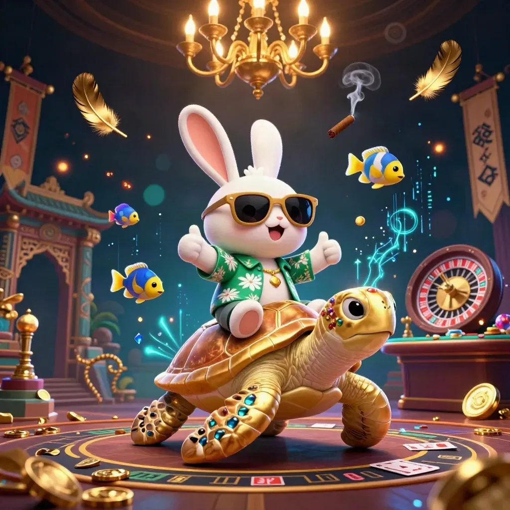 Lucky rabbit rides a golden sea turtle amid casino lights, coins, temple gate, and neon energy.